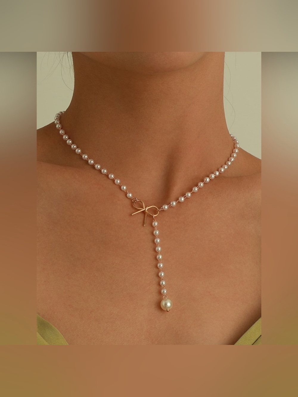 Gold Faux Pearl Bow Lariat Necklace